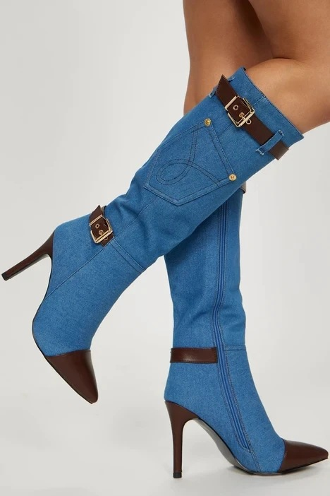 Blue Stiletto Heel Pointed Toe Knee High Denim Boots