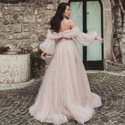 Pink Off Shoulder Long Sleeves Long Prom Dress