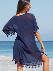 Navy Tassel Split Patchwork Beach Cover Up