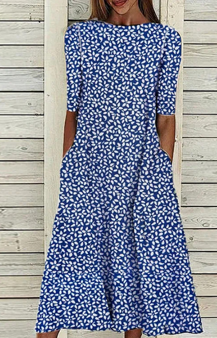 Blue Floral Printed Short Sleeves Maxi Dress