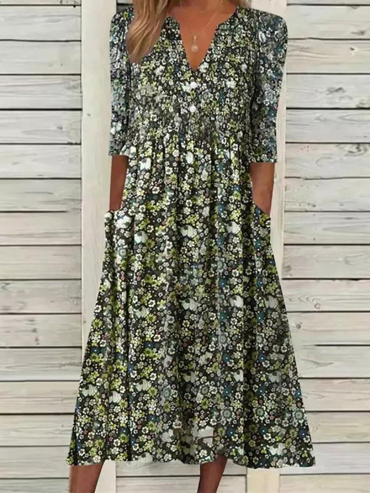 Casual Short Sleeve Woven V Neck Floral Midi Dress