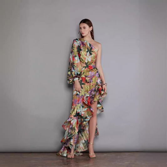 One Shoulder Ruffle Cut out Floral Printed Dress