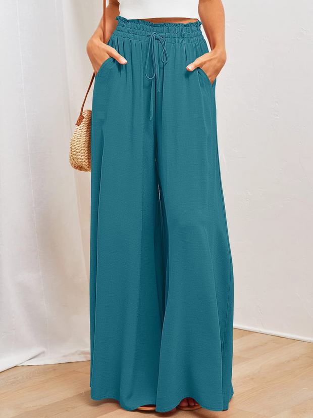 Plain Casual Wide Leg Shirred Waist Pants