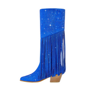 Tassel Rhinestone Round Head Thick Heel High Boots