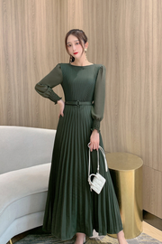 Simple Pleated Long Sleeves Belted Maxi Dress