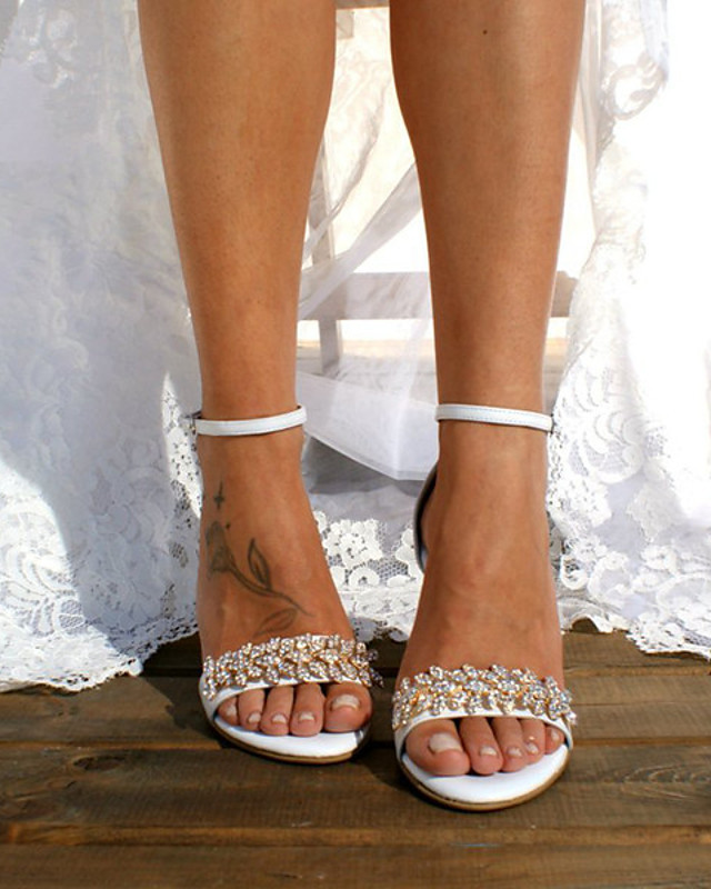 White Rhinestone Block Heel Sandal