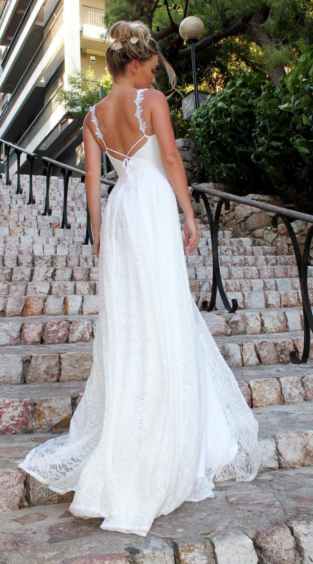 Deep V Neck Sleeveless A-Line Wedding Dress