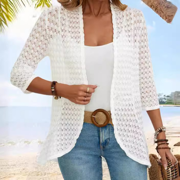 White Plain Long Sleeves Loose Cardigan