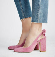 Pink Bow Suede Chunky Heel Commuting Slingback Pumps