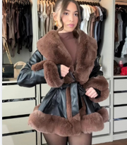 Faux Leather Rabbit Fur Belted Coat Jacket