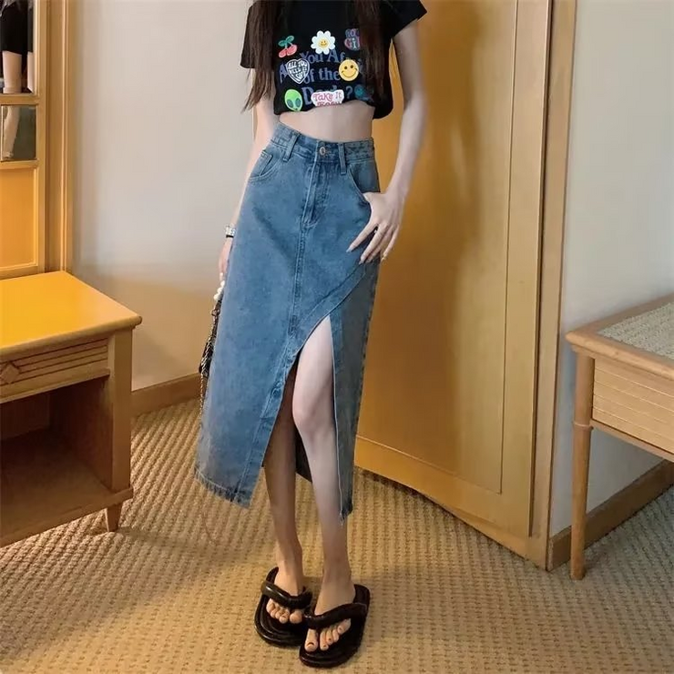 Asymmetric Hem Denim Wrap Slit Skirt