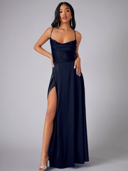 Satin A-Line Sleeveless Front Slit Prom Dress