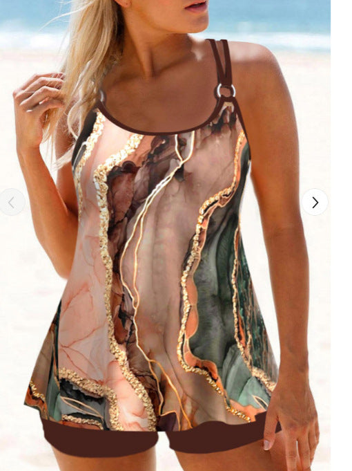 Circular Ring Marble Print Brown Tankini Set