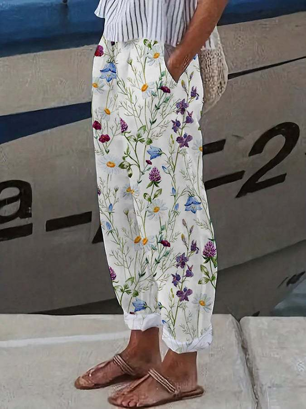 Casual Floral Printed Long Pocket Pants