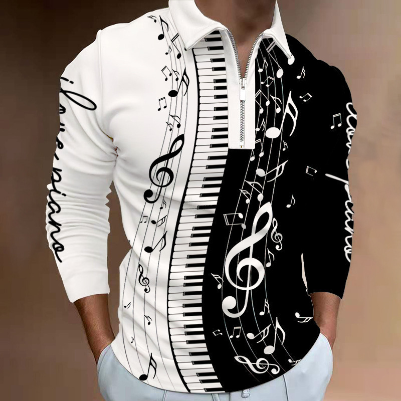 Turndown Collar Piano Printed Long Sleeves Shirt