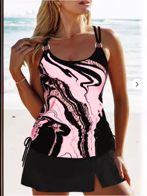 Circular Ring Marble Print Black Tankini Set