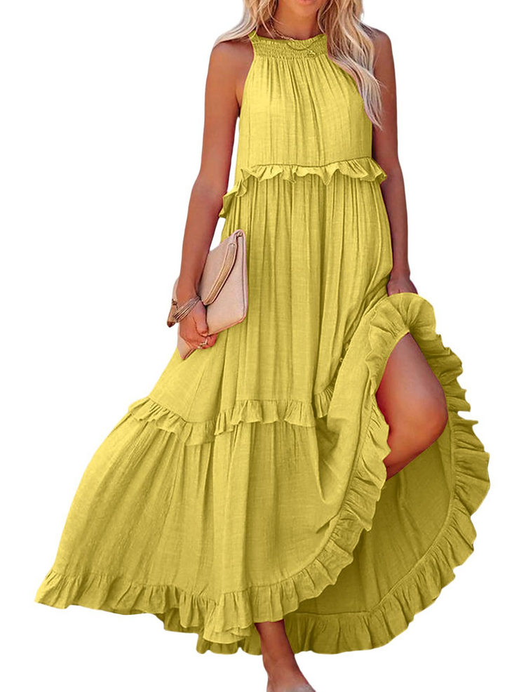 Ruffled Sleeveless Tiered Maxi Dress with Pockets