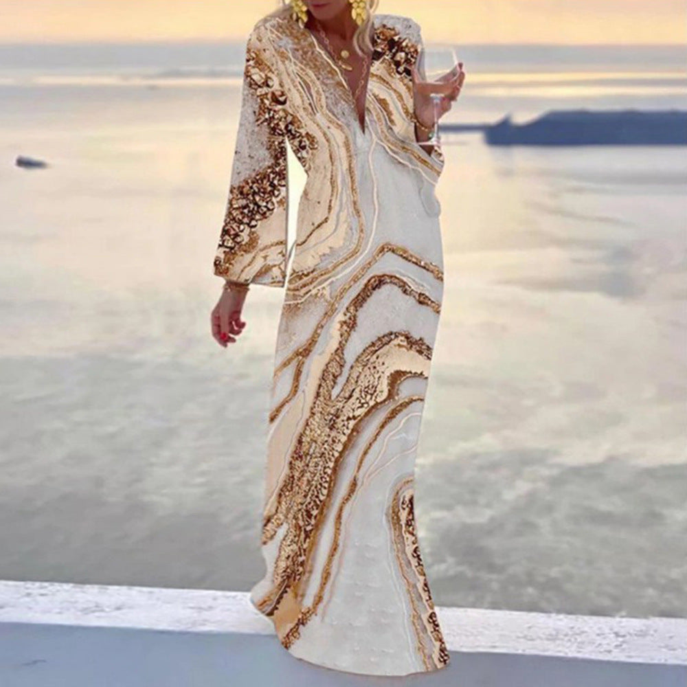 A-line Landscape Print Boho V Neck Long Sleeve Loose Dress