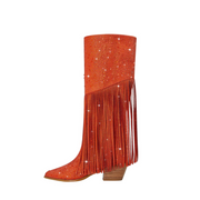 Tassel Rhinestone Round Head Thick Heel High Boots