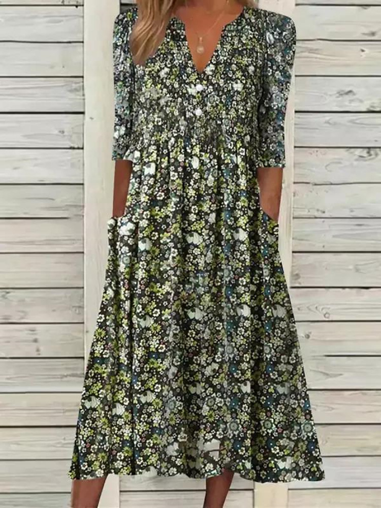 Casual Floral Printed V Neck Long Sleeves Midi Dress