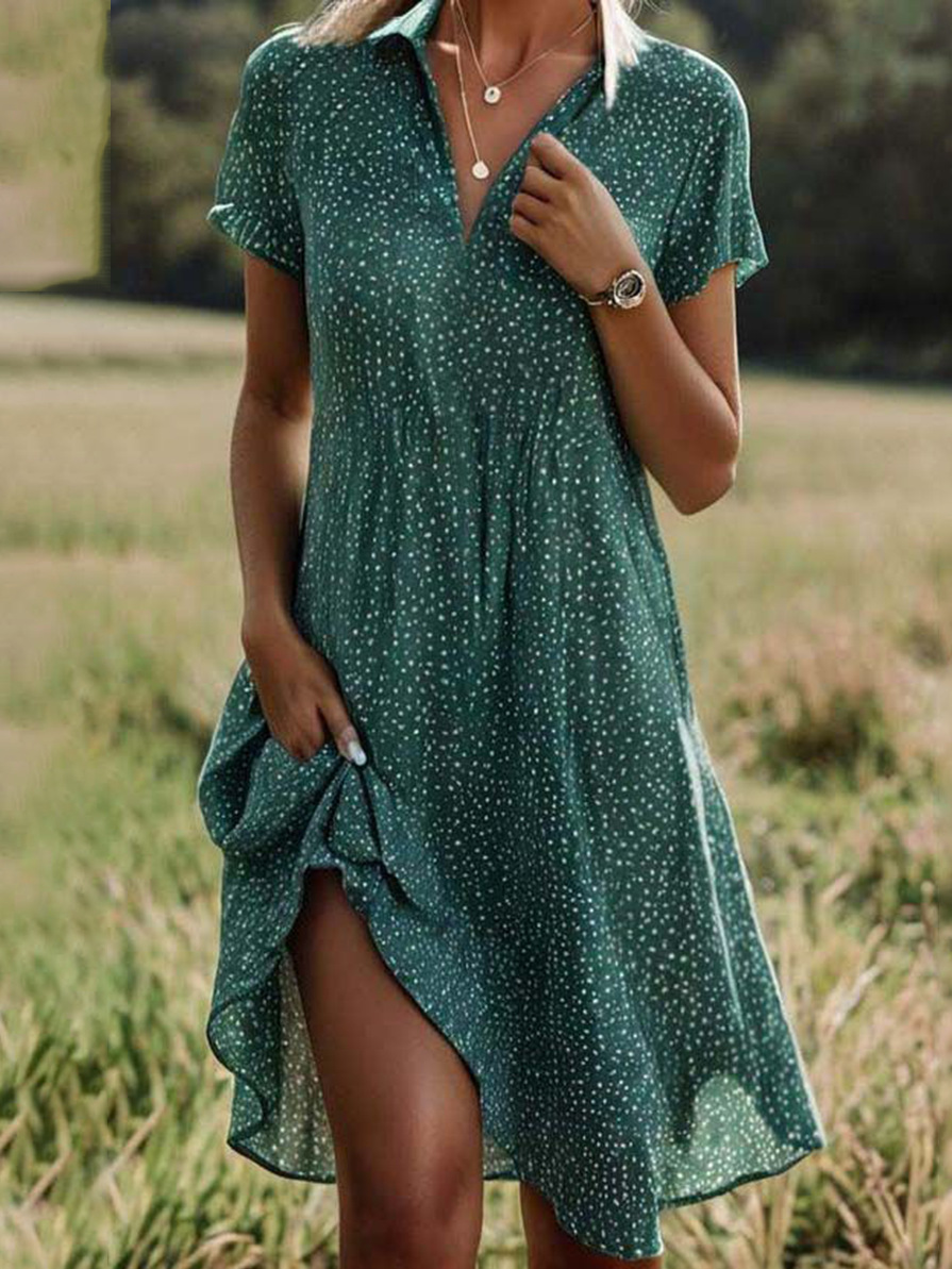 Polka Dot Short Sleeves V Neck Midi Dress