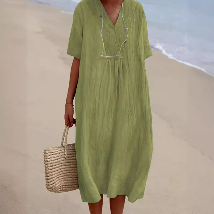 Casual V Neck Half Sleeves Long Dress