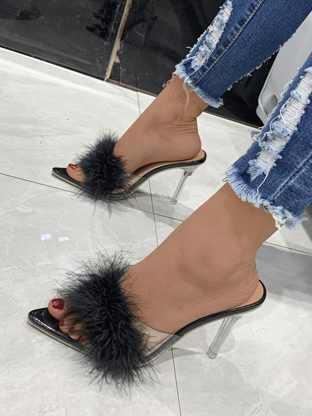 Pointy Toe Faux Fur Trim Mules Heel Sandals