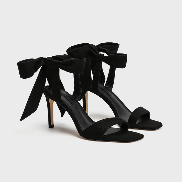 Black Bow Detail Open Toe Heels