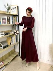 Simple Pleated Long Sleeves Belted Maxi Dress