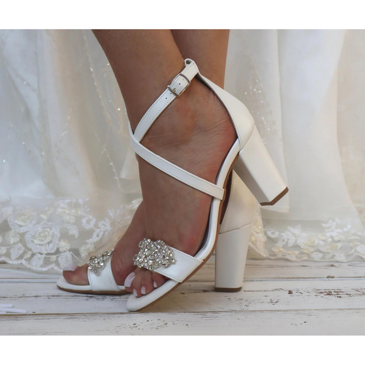 White Open Toe Rhinestone Detail Thick Heel Sandals