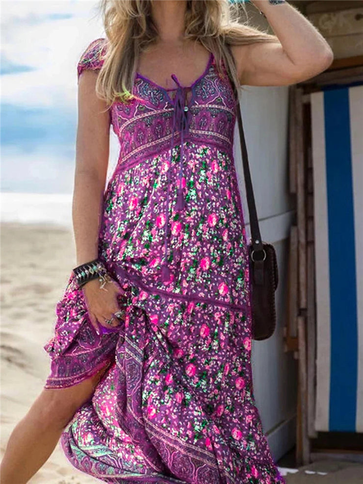 Women V Neck Casual Floral Printed Short Sleeve Woven Dress