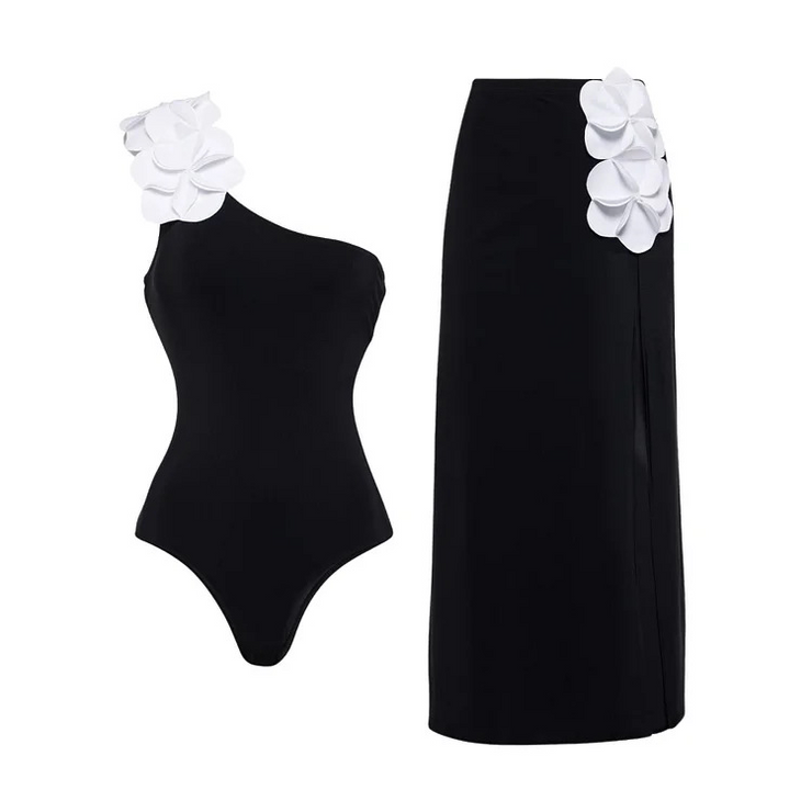 3D Flower Color Block One Piece Swimsuit And Skirt