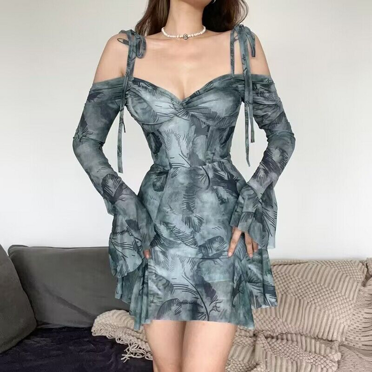 Print Lace Up Trumpet Sleeve Slim Mini Dress