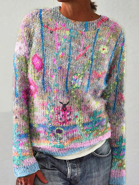 Vintage Floral Print Knitted Pullover Sweater