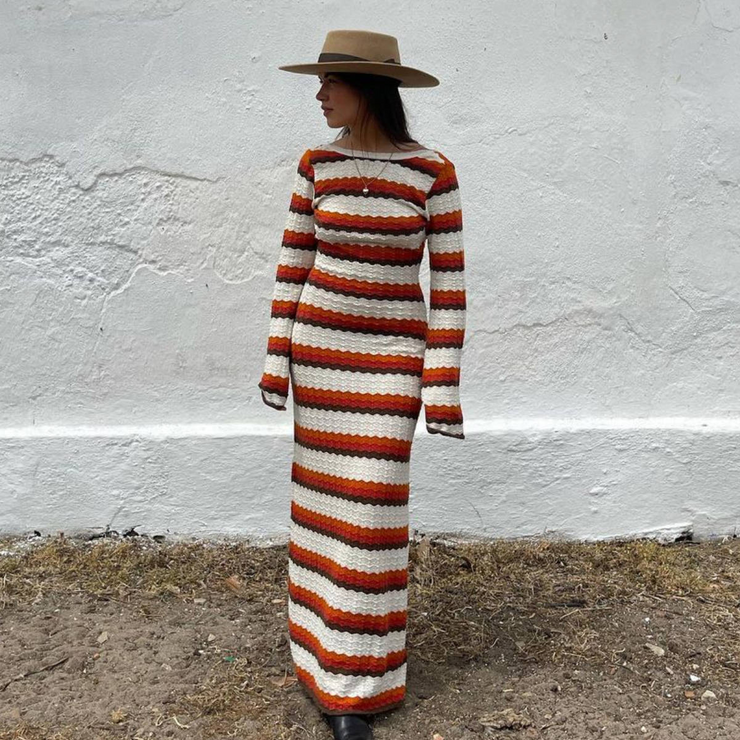 Striped Contrast Knitted Hollow Maxi Dress