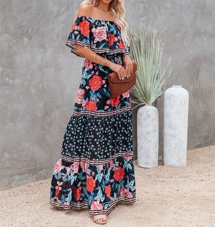 Floral Chiffon Off Shoulder Ruffled Tiered Maxi Dress