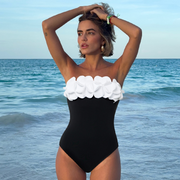 3D Flower Color Block One Piece Swimsuit And Skirt