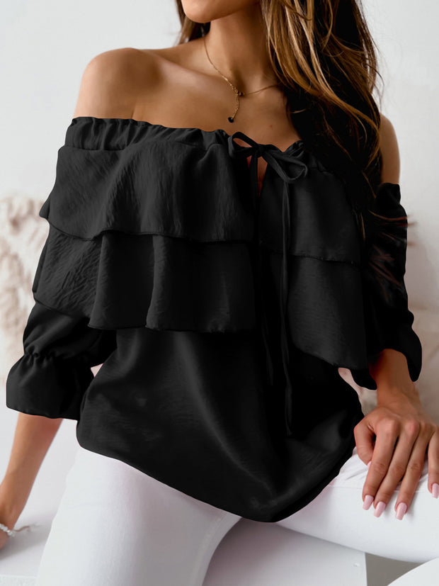 Women Ruffles Bateau Neck Long Sleeves T Shirt