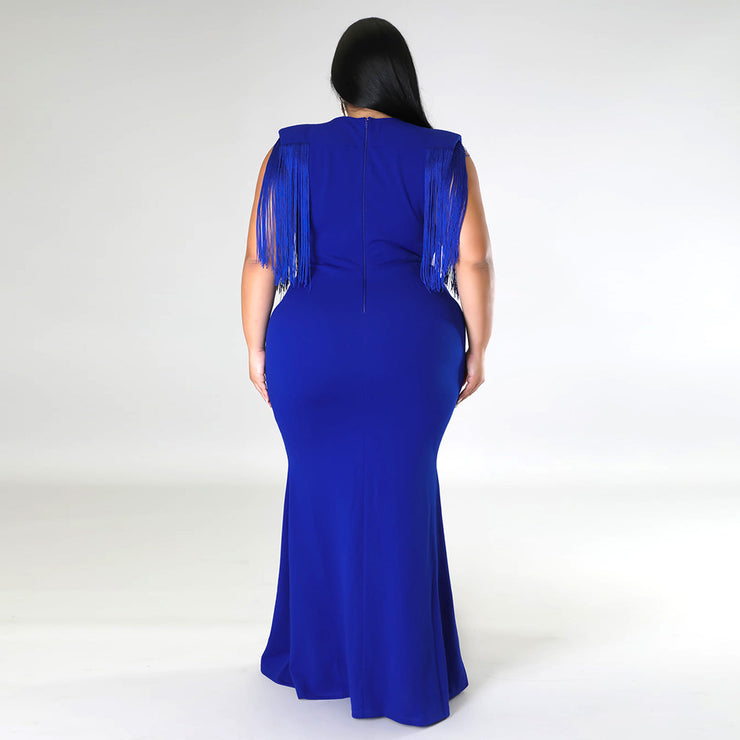 Tassel V-Neck Floor-Length Plain Pullover Plus Size Maxi Dress