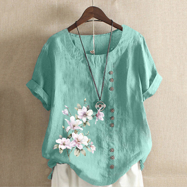 Round Neck Floral Printed Casual Blouse