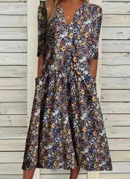 V Neck Short Sleeves Floral Casual Dress