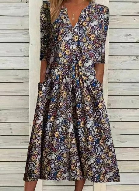 Women's Casual V Neck Short Sleeve Floral Midi Dress