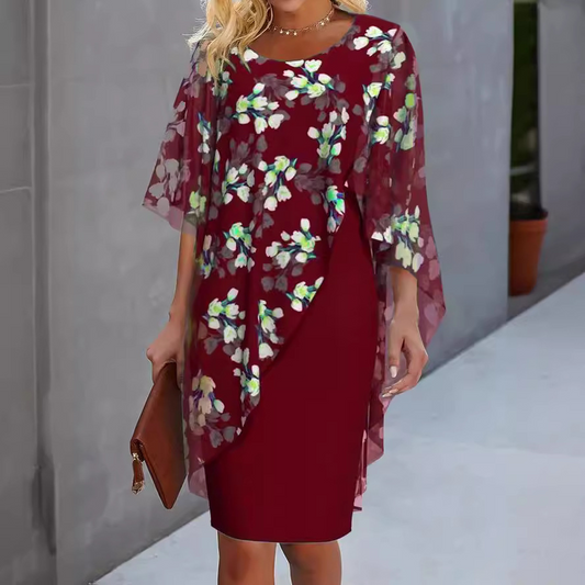 Floral Printed Crew Neck Chiffon Dress