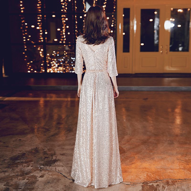 Gold Sequined Round Neck Mid-Sleeve Evening Dress