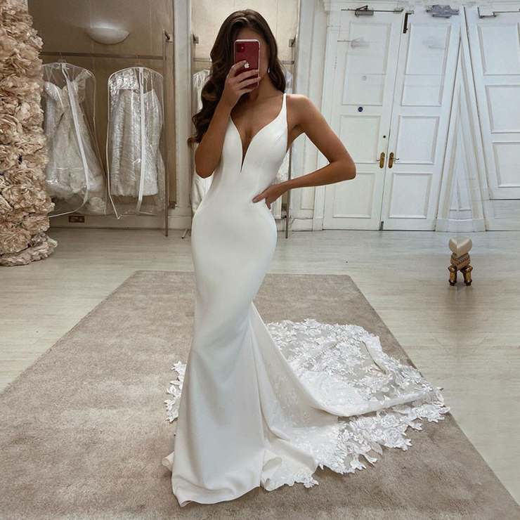 Deep V Neck Sleeveless Long Wedding Dress