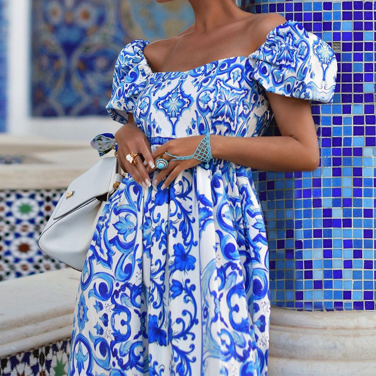 Printed Off-Shoulder Short Sleeves Maxi Dress