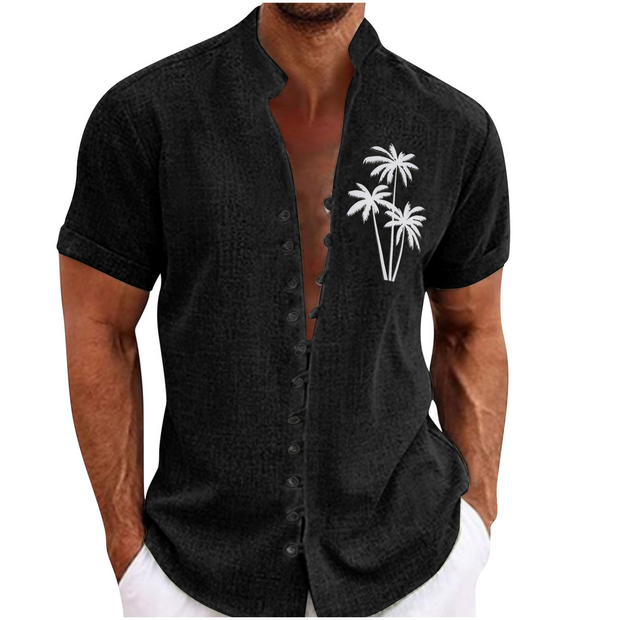 Stand Collar Coconut Tree Printed Casual Shirt