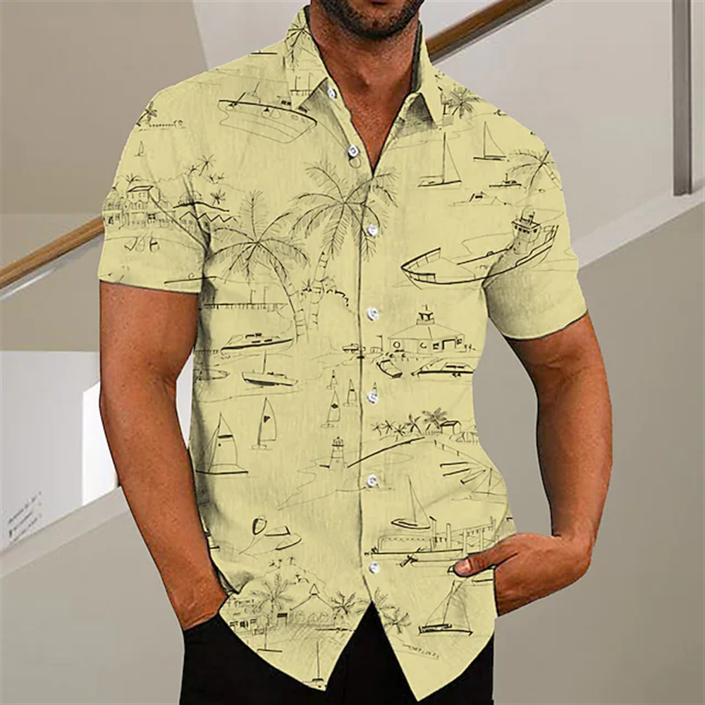 Coconut Tree Printed Turndown Collar Button Down Shirt