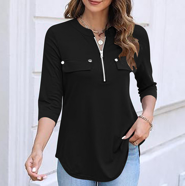 Zipper Split Neck Long Sleeve Shirt