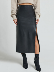 Ruched Faux Leather Slit Midi Skirt